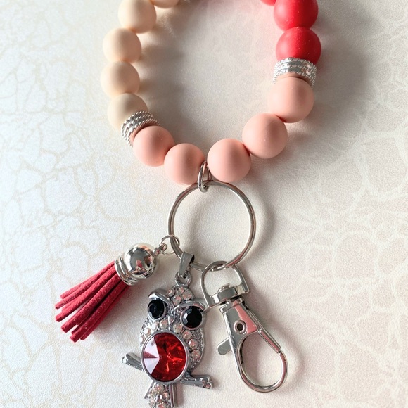Chic Pink and Red Beaded Keychain wristlet bracelet with Tassel - Picture 3 of 6